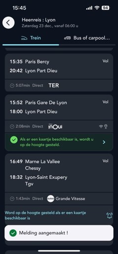 scherm met zoekresultaten voor kaartjes met volledige treinwaarschuwing ingeschakeld